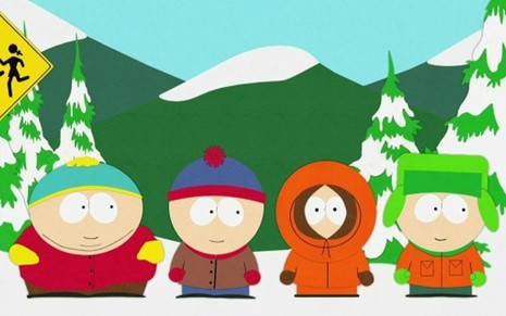 Cartman (à esq.), Stan, Kenny e Kyle no ponto de ônibus escolar, cena padrão de South Park - Imagens: Reprodução/Comedy Central
