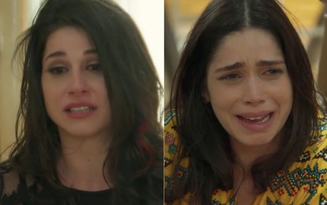 Montagem de fotos com as personagens Carmela (Chandelly Braz, à esq.) e Shirlei (Sabrina Petraglia) chorando em cena da novela Haja Coração, da Globo