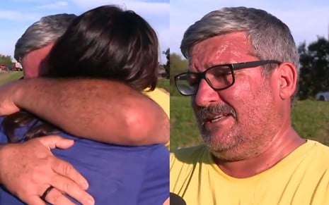 Na montagem: Ana Paula Araújo abraça padre no Bom Dia Brasil (à esquerda); padre Rudimar Dal'asta chora (à direita)