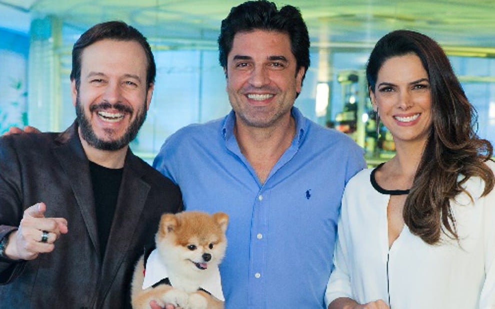 Celso Zucatelli, Edu Guedes e Mariana Leão após apresentação do Melhor pra Você à imprensa, nesta terça - Fernanda Simão/RedeTV!